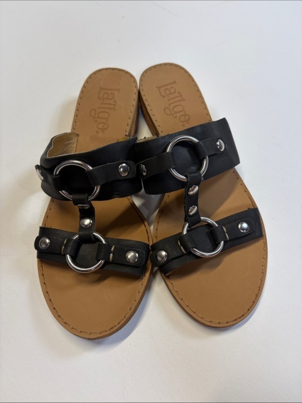 Latigo Rush Black Leather Slide Sandals Ring Hardware Women Size 6.5